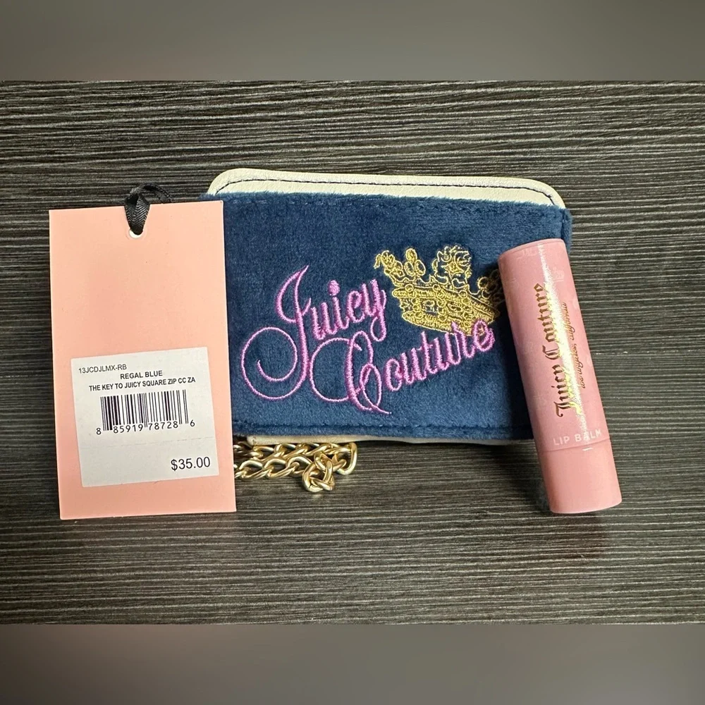 NWT The Key to Juicy "Regal Blue" Wallet w/Pink & Gold Detail Chain & Lip Balm - Picture 2 of 7